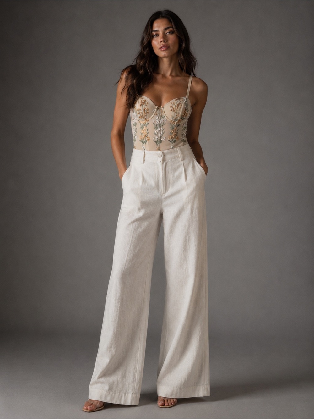 Lulus Floral Embroidered Bustier Bodysuit Romantic Neutral
